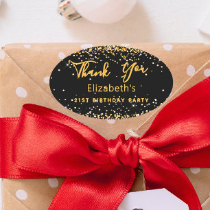 Birthday Party black gold name Thank You Oval Sticker