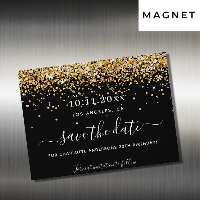 Birthday party black gold save the date magnet (Creator Uploaded)