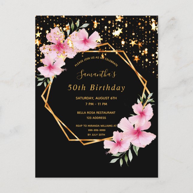 Birthday party black gold stars floral invitation postcard (Front)