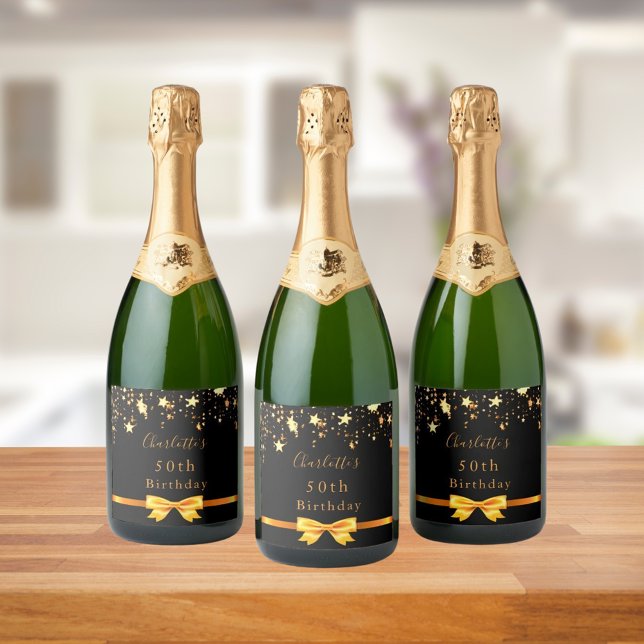Birthday party black gold stars modern elegant sparkling wine label (Creator Uploaded)