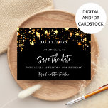 Birthday party black gold stars save the date card<br><div class="desc">An elegant Save the Date card for a 40th (or any age) birthday party. A black background decorated with faux gold stars. Personalise and add a date and name/age 40. The text: Save the Date is written with a large trendy hand lettered style script.</div>