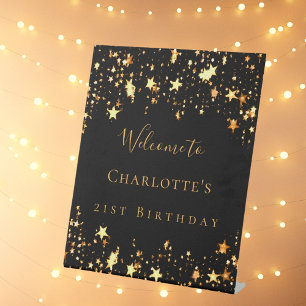 Birthday party black gold stars welcome pedestal sign