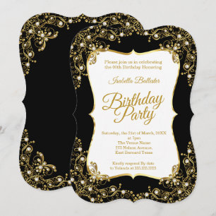 Birthday party black Gold White Pearls Invitation