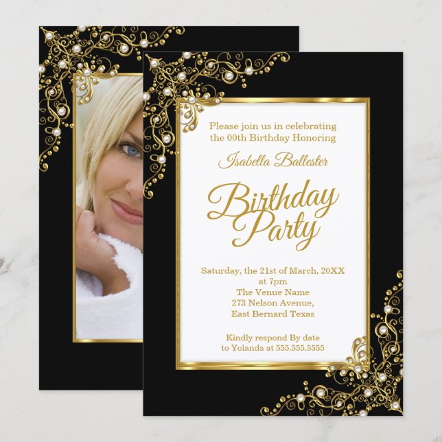 Birthday party black Gold White Photo Invitation (Front/Back)