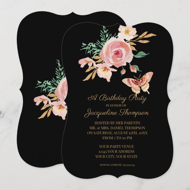 Birthday Party Black n Blush Butterfly w Flowers Invitation (Front/Back)