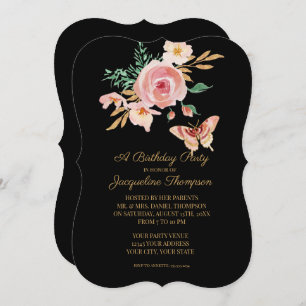 Birthday Party Black n Blush Butterfly w Flowers Invitation