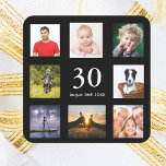 Birthday party black photo collage guy square sticker<br><div class="desc">A sticker for a 30th (or any age) birthday party for a guy,  celebrating his life with a collage of 8 of your own photos.  Templates for the age 30 and a date.  Date of birth or the date of the party.  White coloured letters.  Black background.</div>