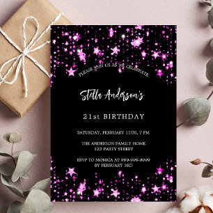 Birthday party black pink stars invitation