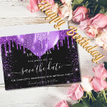 Birthday party black purple balloons save the date<br><div class="desc">A girly and trendy Save the Date card for a 18th (or any age) birthday party. A black background decorated with purple faux glitter drips,  sparkles,  and balloons. Personalise and add a date and name/age.  The text: Save the Date is written with a large trendy hand lettered style script.</div>