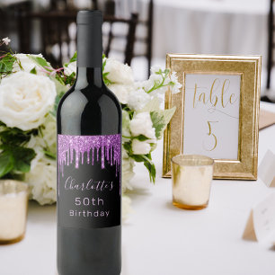 Birthday party black purple glitter drip pink glam wine label