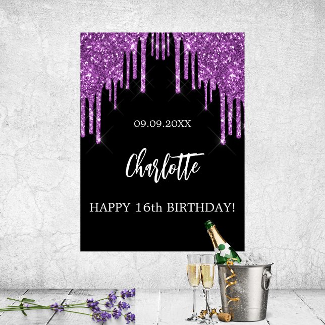Birthday party black purple glitter drips glam poster (Creator Uploaded)