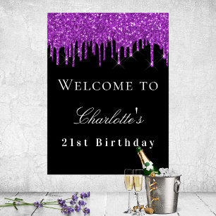 Birthday party black purple glitter drips welcome  poster