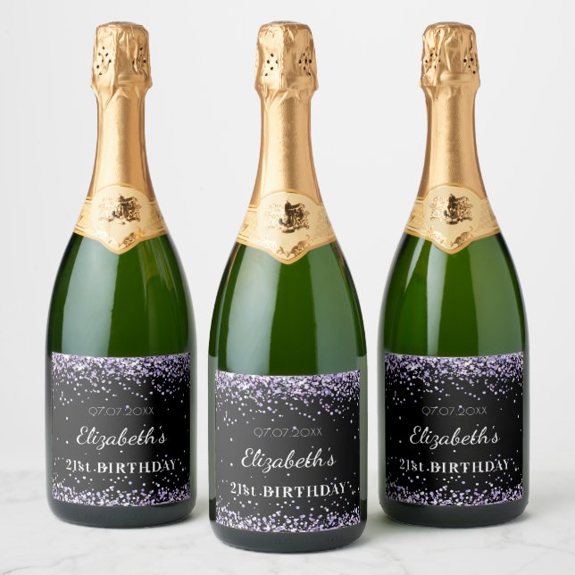 Birthday party black purple glitter dust name sparkling wine label (Bottles)