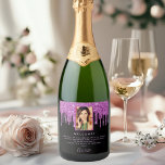 Birthday party black purple glitter photo welcome sparkling wine label<br><div class="desc">For a girly and glamourous 50th (or any age) birthday party. A chic black background with trendy purple faux glitter drips, paint dripping look. Personalise and add your own vertical photo of the birthday girl, name, and a welcome text for your guest. The name is written in a modern hand...</div>