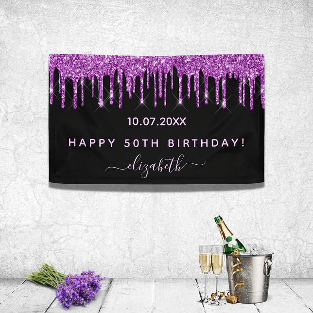 Birthday party black purple glitter sparkle glam banner (Creator Uploaded)