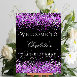 Birthday party black purple glitter welcome poster