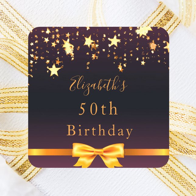 Birthday party black purple gold stars modern square sticker (Creator Uploaded)