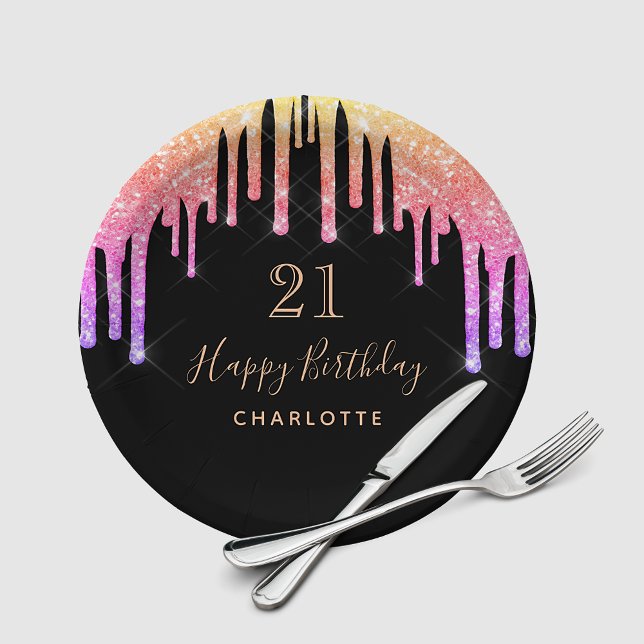 Birthday party black rainbow glitter pink sparkle paper plate (Creator Uploaded)