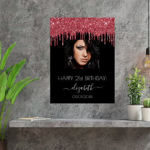 Birthday party black red glitter drips photo poster