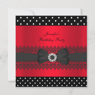 Birthday Party Black Red Polka Dots Bow Invitation
