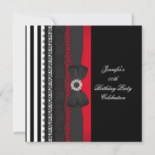 Birthday Party Black Red White Stripe Bow Invitation