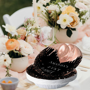 Birthday party black rose gold glitter balloons paper plate