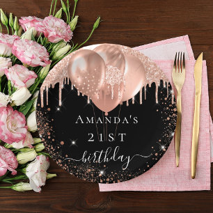 Birthday party black rose gold glitter balloons paper plate