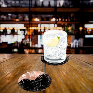 Birthday party black rose gold glitter balloons round paper coaster