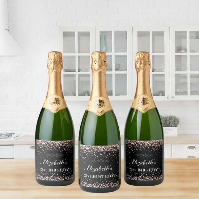 Birthday party black rose gold glitter name sparkling wine label (Creator Uploaded)