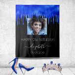 Birthday party black royal blue drips photo name tapestry<br><div class="desc">A tapestry for a girly and glamourous 21st (or any age) birthday party. A black background with royal blue paint dripping look. Personalise and add your own high quality photo of the birthday girl. The text: The name is written with a modern hand lettered style script with swases. To keep...</div>