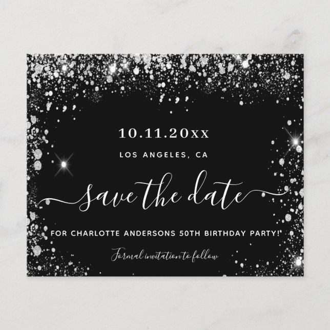 Birthday party black silver budget save the date flyer (Front)