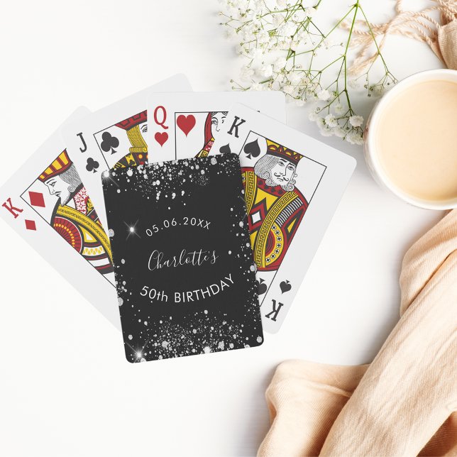 Birthday party black silver glitter dust name playing cards (Creator Uploaded)