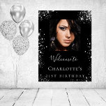Birthday party black silver glitter photo welcome poster<br><div class="desc">A welcome poster for a 21st (or any age) birthday party. Personalise and add a photo,  a name and age. A classic black background and faux silver glitter dust.
Back: no design.</div>