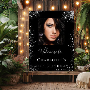 Birthday party black silver glitter photo welcome poster