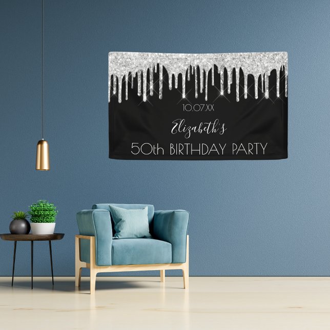 Birthday party black silver glitter sparkle glam banner (Creator Uploaded)