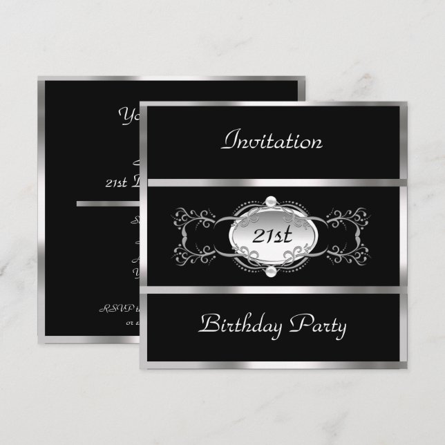 Birthday Party Black Silver Personalised Invitation (Front/Back)