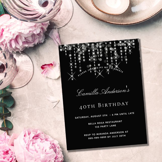 Birthday party black silver star budget invitation (Creator Uploaded)