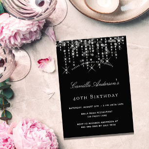 Birthday party black silver stars elegant invitation