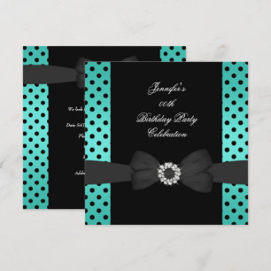 Birthday Party Black Teal Polka Dots Bow Invitation