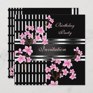 Birthday Party Black White Asian Pink Blossom Invitation