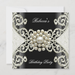 Birthday Party Black White Cream Pearl Invitation
