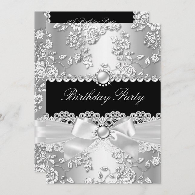 Birthday Party Black White Damask Rose Silver 2 Invitation (Front/Back)