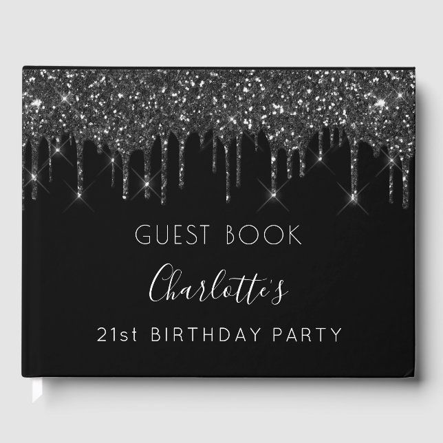 Birthday party black white glitter monogram guest book (Front)