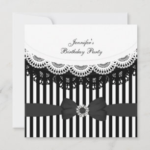 Birthday Party Black White Lace Bow Stripe Invitation