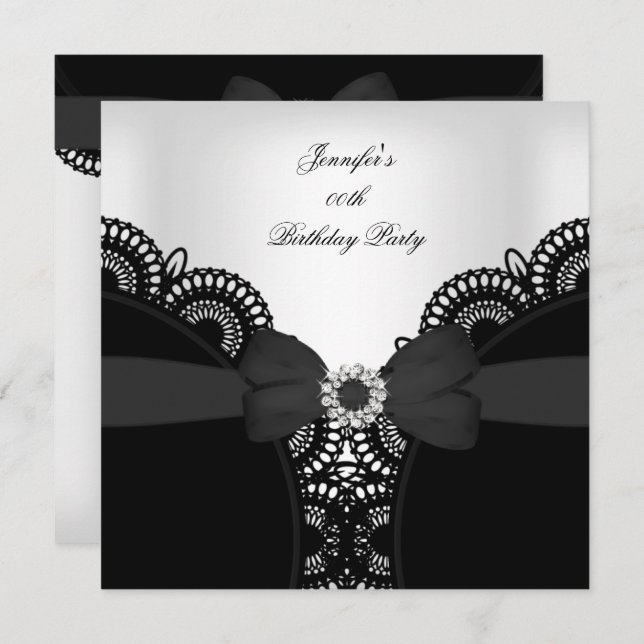 Birthday Party Black White Lace Diamond Top Invitation (Front/Back)