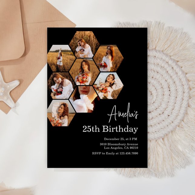 Birthday Party Black White Photo Collage Invitation (Creator Uploaded)