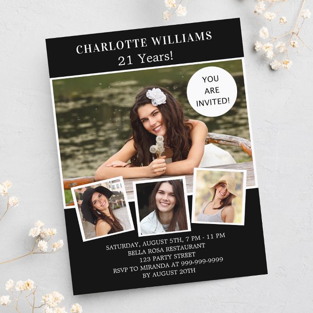 Birthday party black white photo collage invitation postcard (Creator Uploaded)