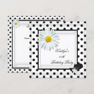 Birthday Party Black White Polka Dot Daisy Invitation