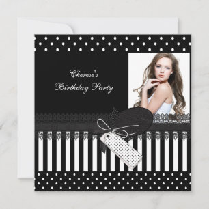 Birthday Party Black White Polka Dots Photo Invitation