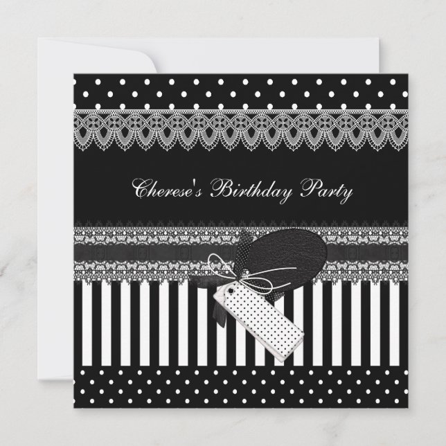 Birthday Party Black White Polka Dots Stripes Invitation (Front)